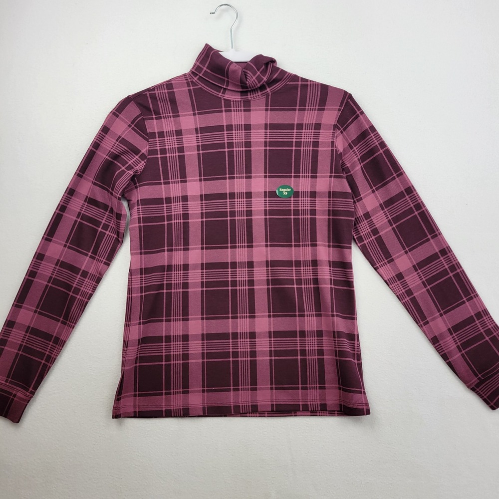 LL Bean Womens Interlock Turtleneck Size XS Top Plum Burgundy Plaid 523747